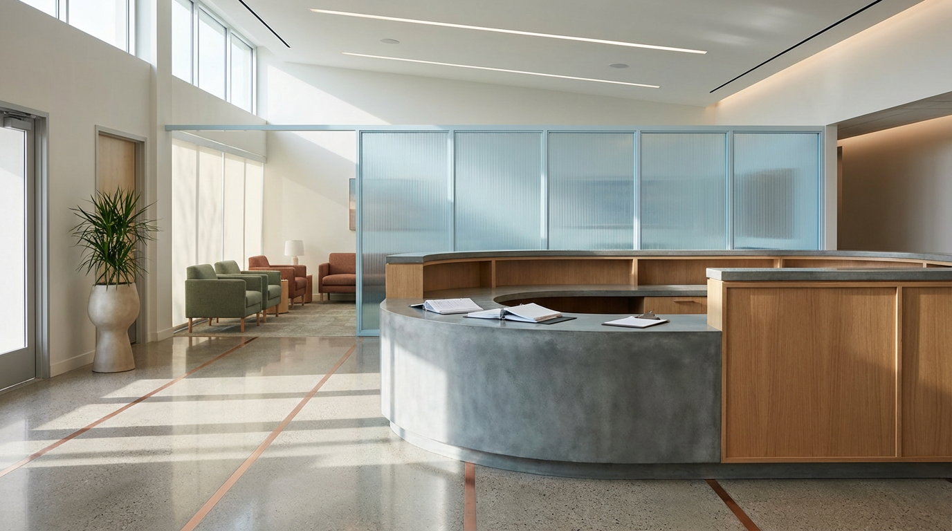 Virtual admin support for psychology and allied health practices, shown with a modern practice reception desk