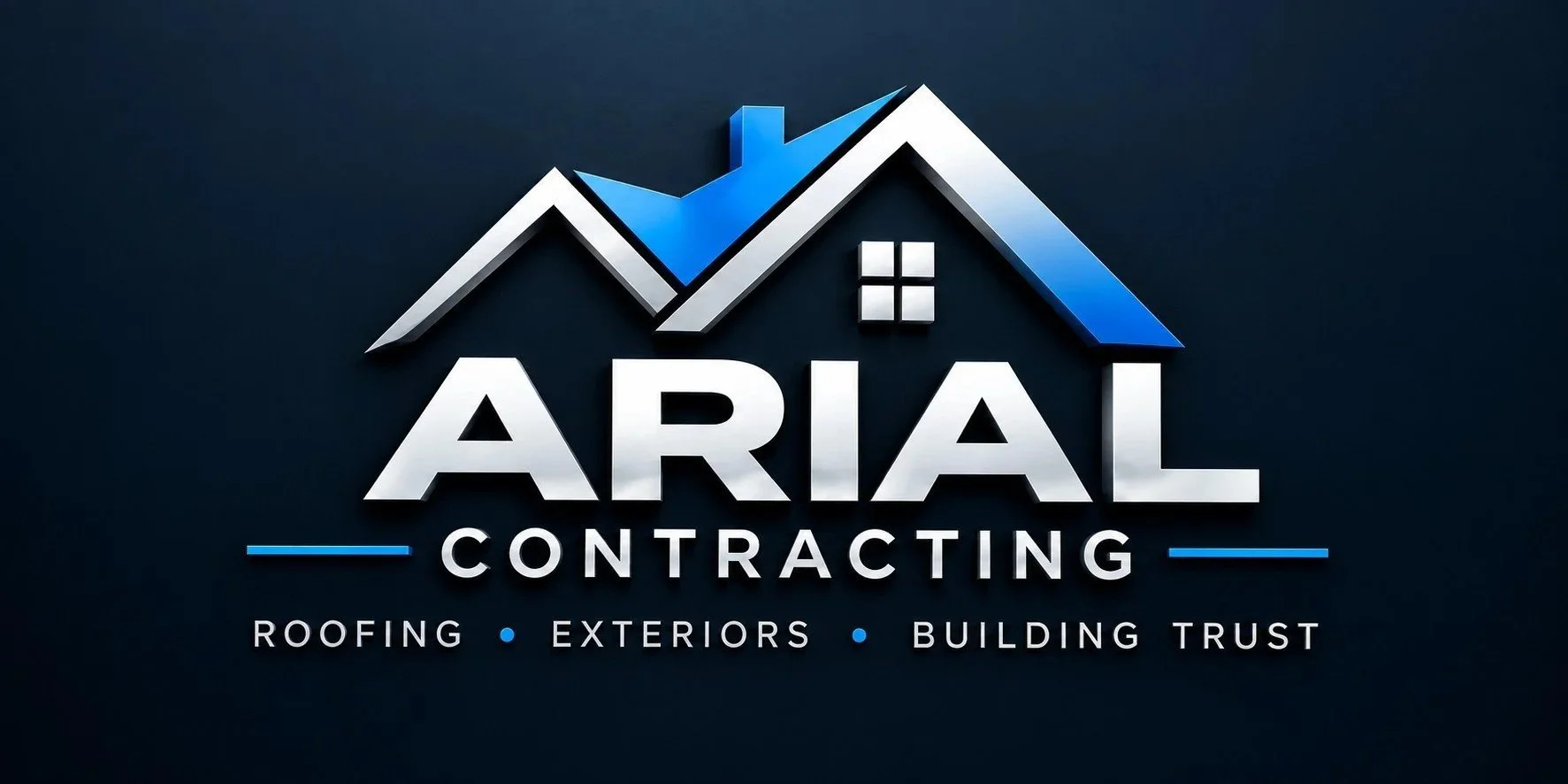 Logo for Arial Contracting featuring a stylized house with blue and silver roofing and the text 'Arial Contracting' with a tagline 'Roofing, Exteriors, Building Trust'.