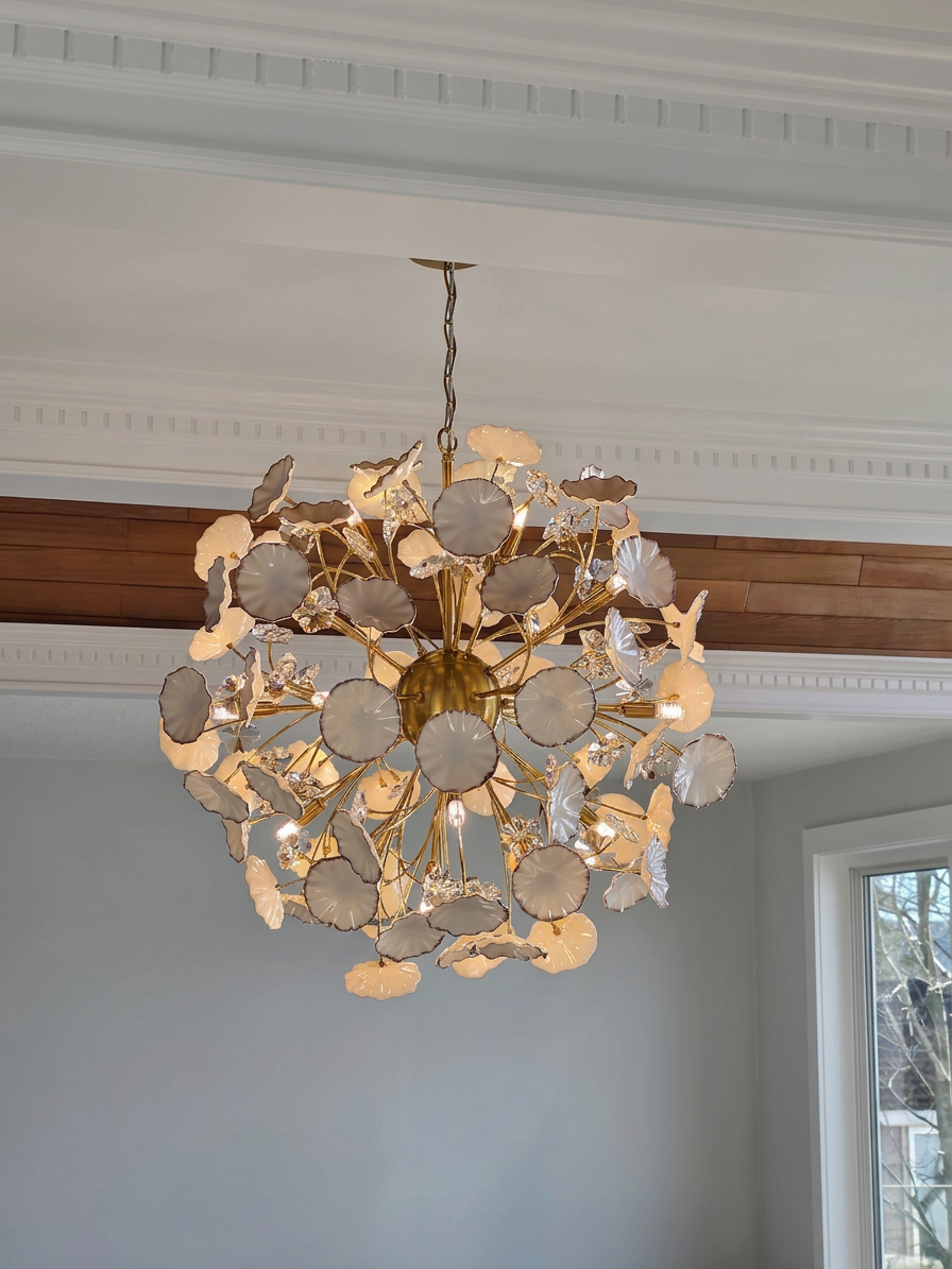 A decorative chandelier with floral and leaf-shaped elements hanging from a chain in a room with white ceiling moldings and a window.