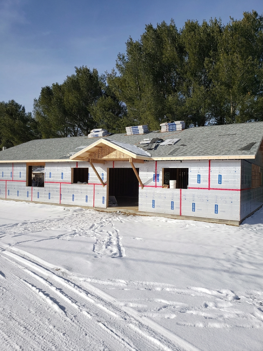 Construction site of a house during winter with snow on the ground, unfinished exterior walls, and stacks of roofing materials on the roof.