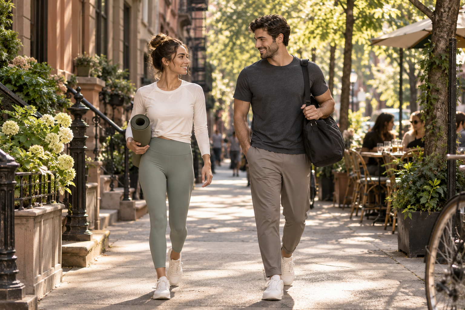 Two young adults in understated activewear walking together on a leafy city street after a workout.