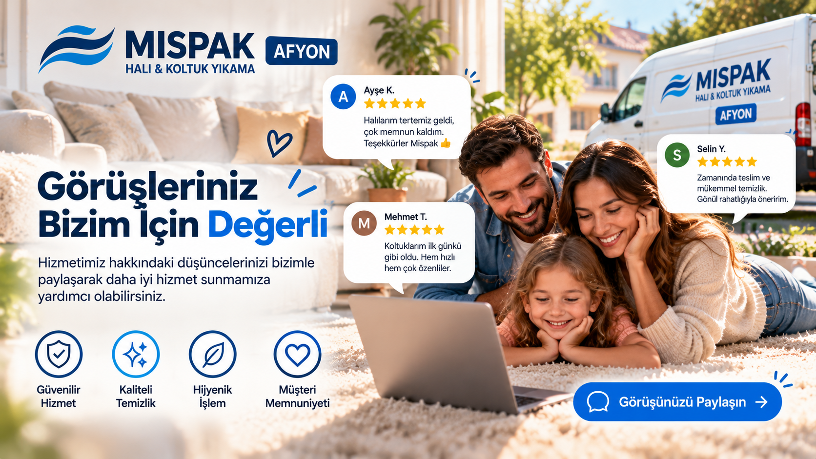 Family lying on carpet outdoors with a laptop, smiling and looking at the screen, surrounded by positive reviews and icons for reliable service, quality cleaning, hygiene, and customer satisfaction, with a cleaning van in the background for a cleaning company advertisement.