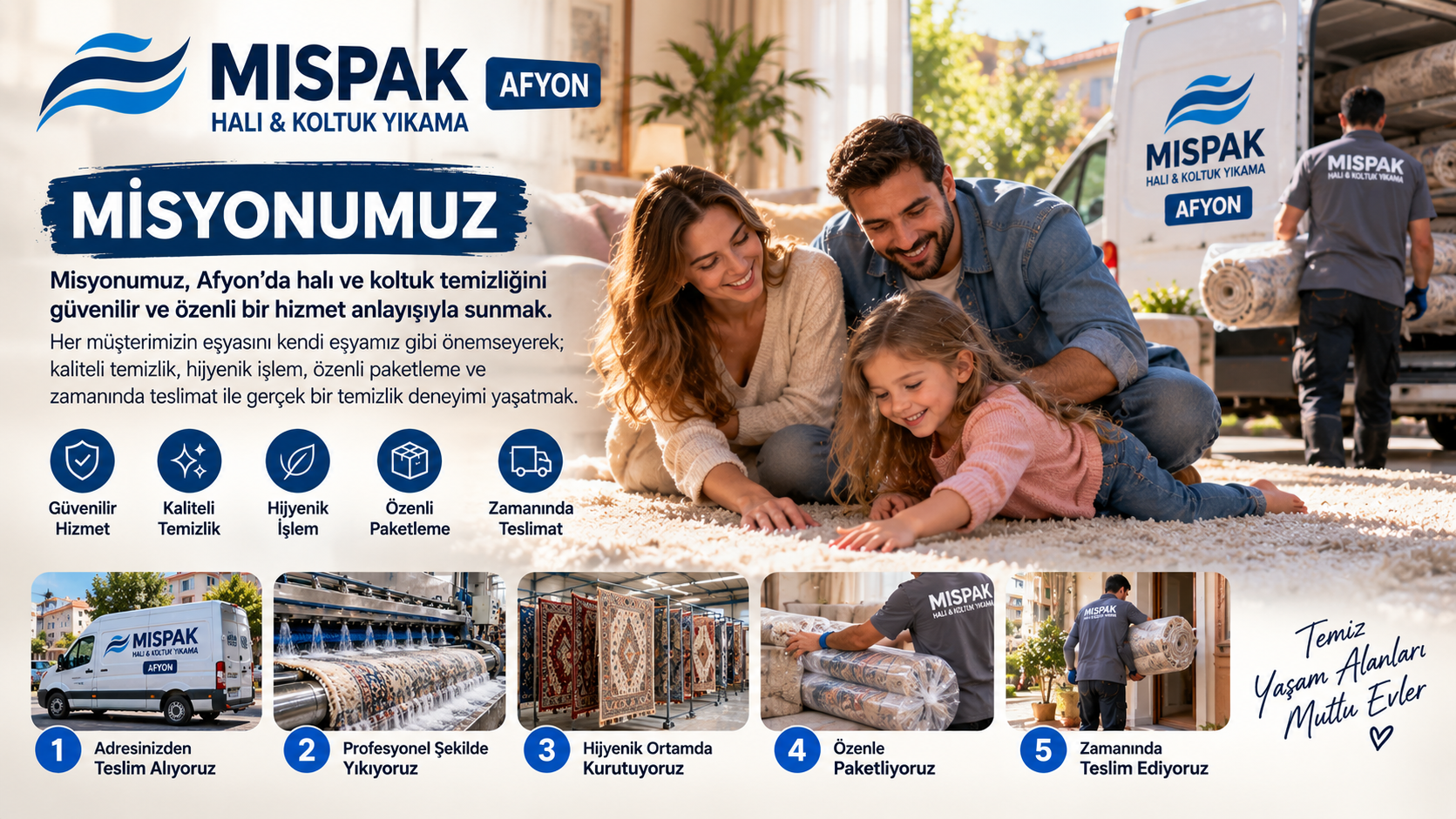 A family sitting on a clean carpet inside a home, smiling and playing. In the background, two workers from MisPak, a carpet and rug cleaning service, are handling a rolled-up rug near a truck with the company's logo. The image promotes MisPak's carpet and rug cleaning service, with text highlighting the company's mission of reliable, high-quality, hygienic, careful, and timely cleaning.