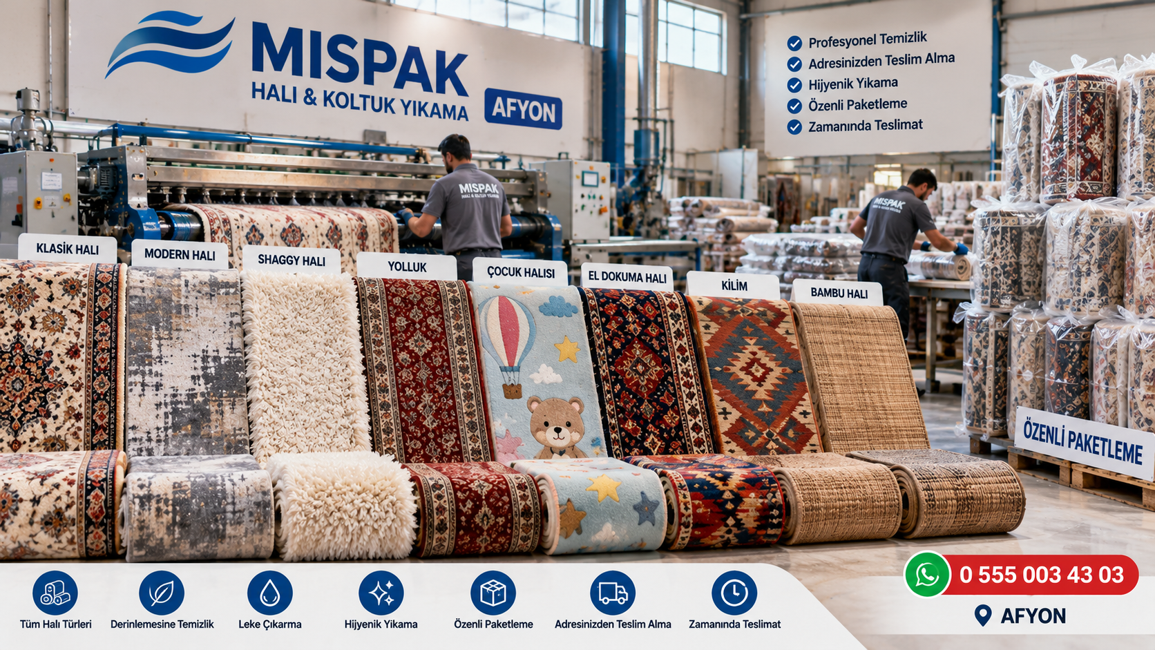 Inside a carpet store with rolls of various patterned rugs on display. Two workers are handling the rugs in the background. Signs above the rugs label different styles such as classic, modern, shaggy, children, and others. Large signs on the wall advertise cleaning and delivery services in Turkish. The store appears organized and well-lit.