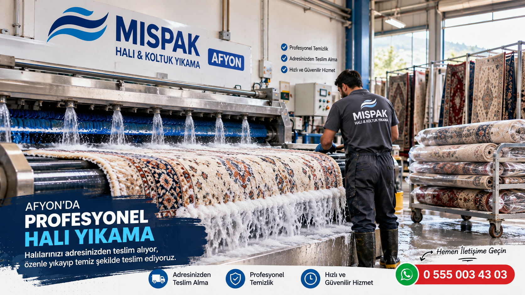 A worker operating a professional carpet washing machine at Mispak Carpet & Rug Cleaning in Afyon, using water to clean a patterned rug. The machine has multiple water jets, and the worker is wearing a uniform with the company's logo. In the background, there are stacks of rolled rugs and informational signs about the company's services.