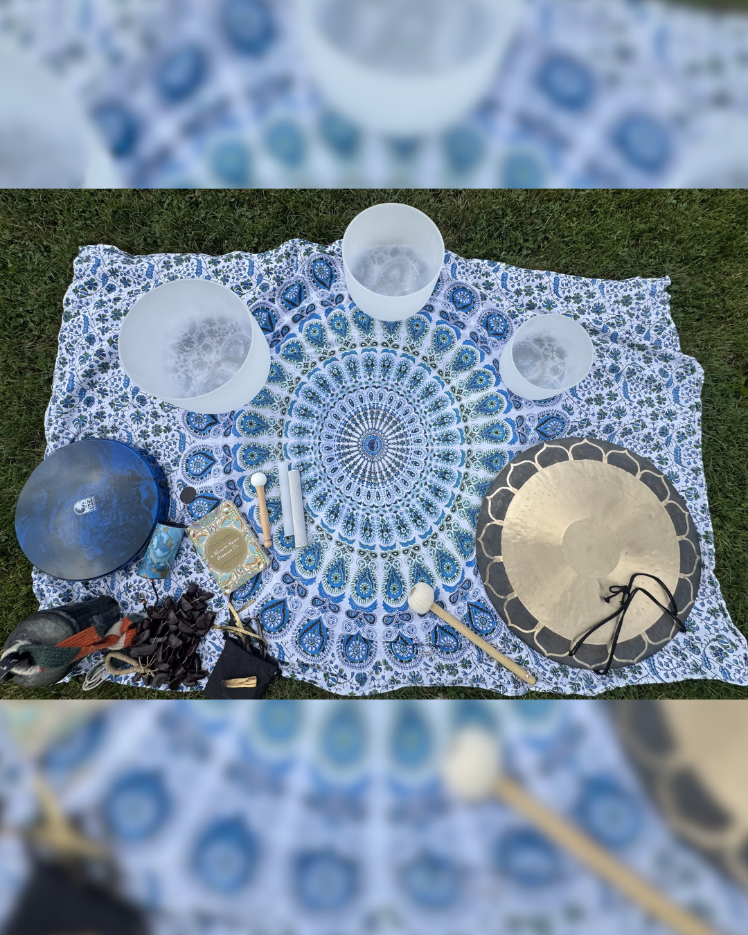 Tabitha Anderson's sound meditation instruments, poem book and energy cleansing tools.