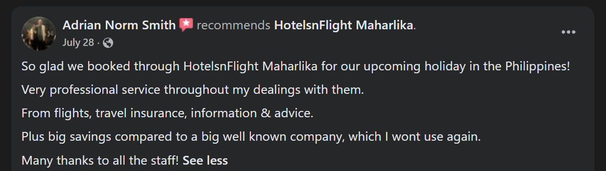 Facebook review from a traveller