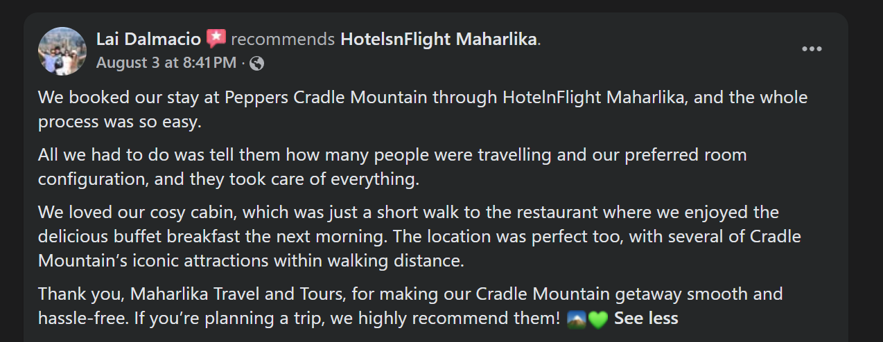 Facebook review from a traveller