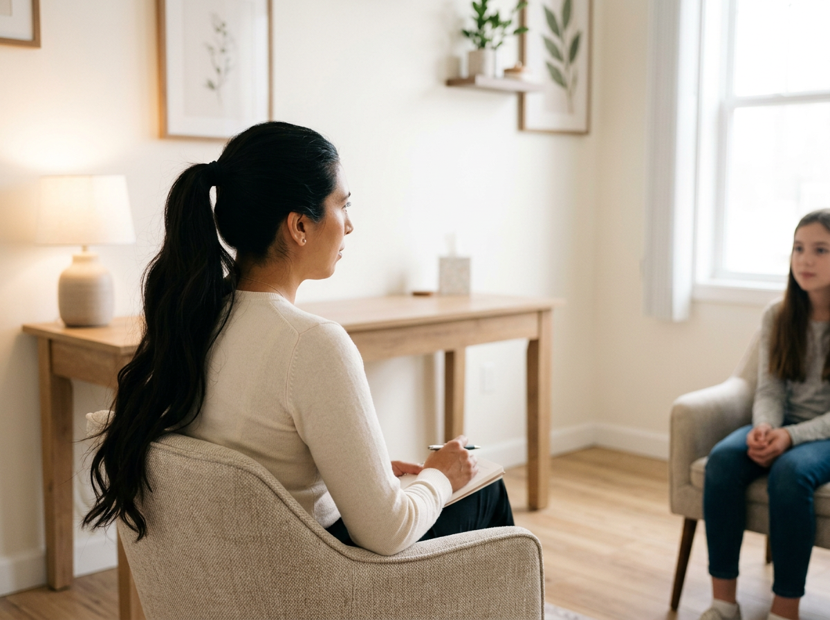 A woman with long dark hair sitting in a chair taking notes during a therapy session with a young girl sitting on a sofa in a bright, cozy room.
