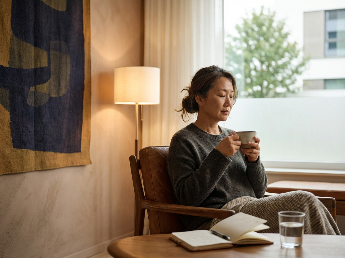 A woman sitting in a chair holding a mug, with a notebook and glass of water on a table nearby, in a cozy room with warm lighting and a large window showing outdoor trees.