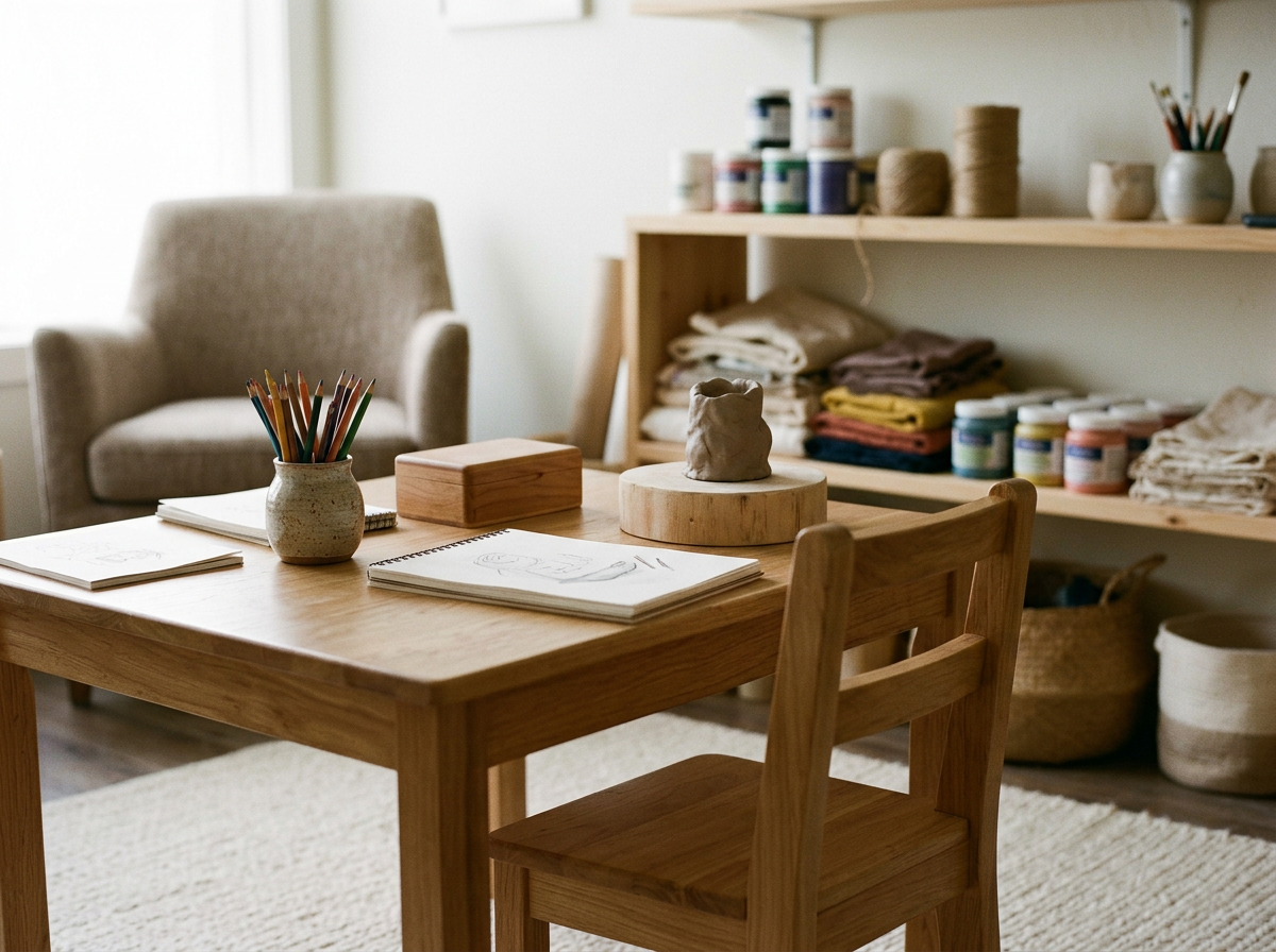 A cozy crafting or art room with a wooden table, drawing supplies, sketchbooks, and sculptures, with a beige armchair in the background and shelves filled with art materials.