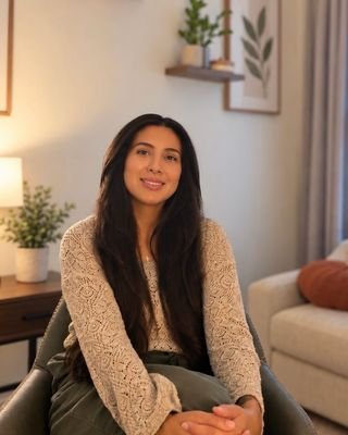 A woman with long dark hair sitting in a living room, smiling at the camera, with a lamp, a potted plant, and framed artwork in the background.