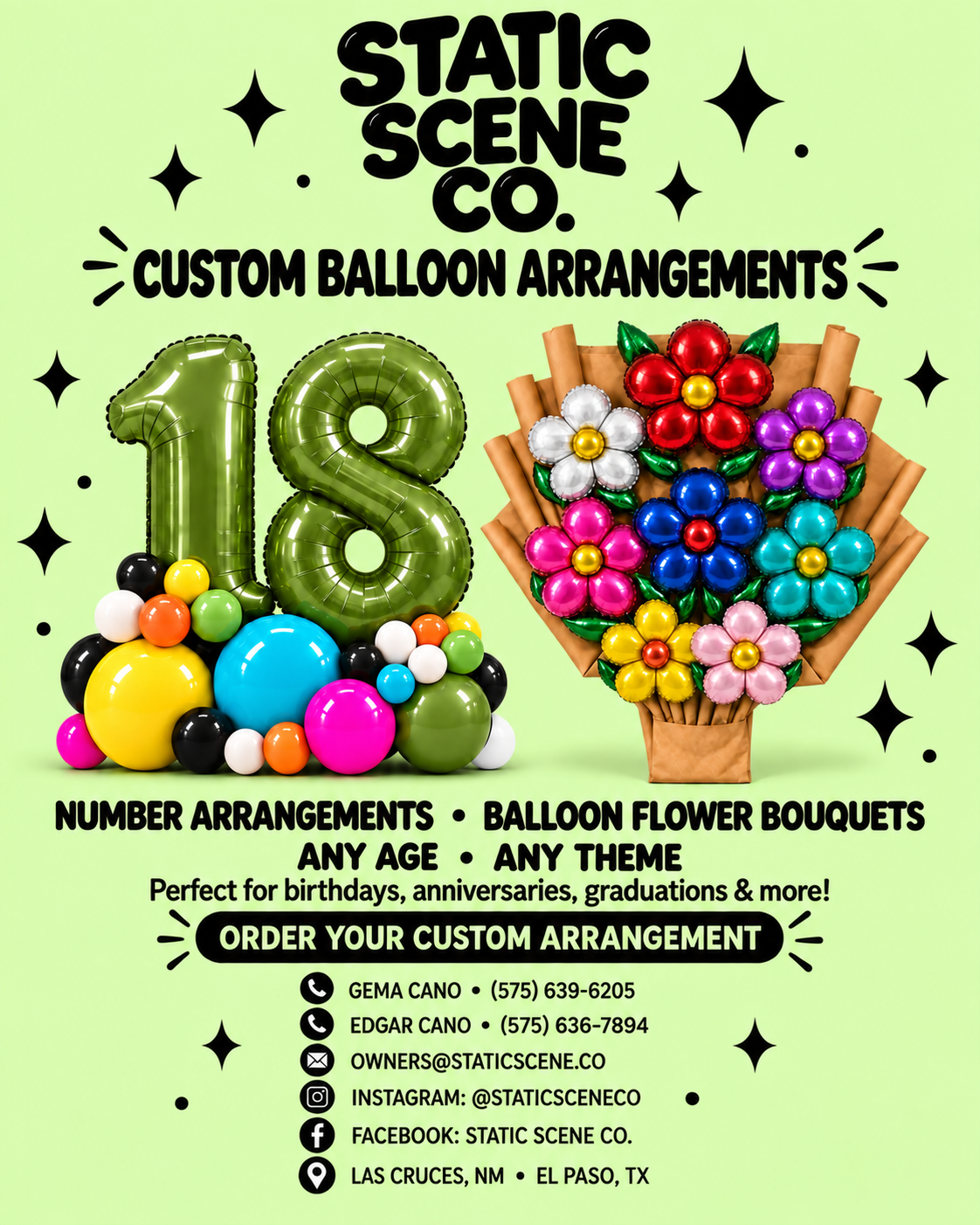 Advertisement for Static Scene Co. promoting custom balloon arrangements and balloon flower bouquets for birthdays, anniversaries, and graduations. Features a large green balloon number 18, colorful balloon clusters, and a bouquet of balloon flowers with company contact information.