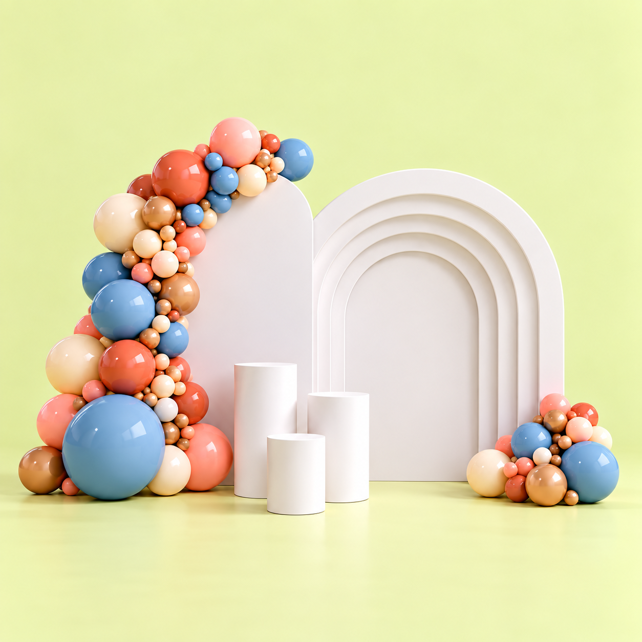 Decorative scene with pastel-colored balloons arranged around white arch and geometric shapes on a lime green background.