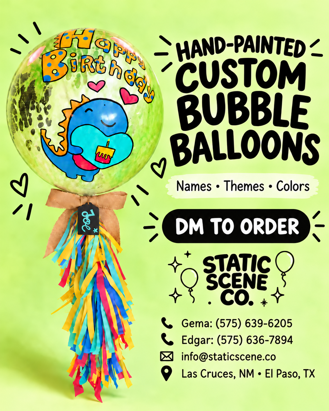 Advertisement for custom hand-painted bubble balloons with themed designs, including a balloon with a "Happy Birthday" message, cartoon dinosaur holding a birthday cake, and colorful ribbon streamers.