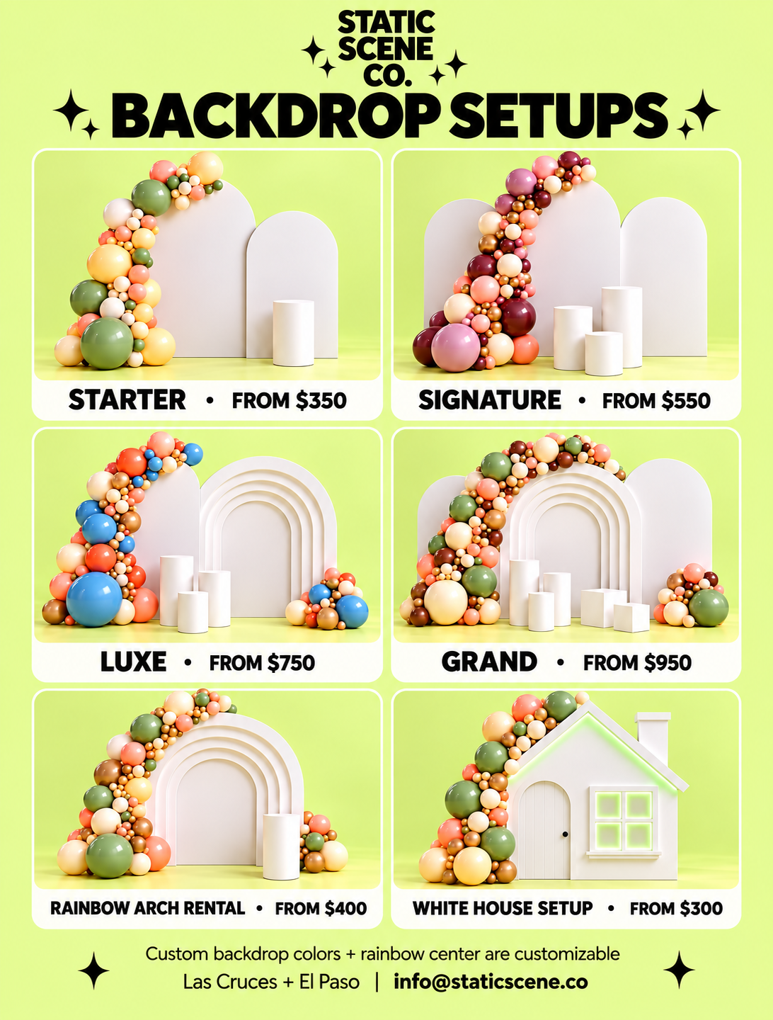 A promotional poster for Static Scene Co. showcasing different backdrop setups for photo shoots, including Starter, Signature, Luxe, Grand, Rainbow Arch Rental, and White House Setup, each with a price starting from a specified amount.