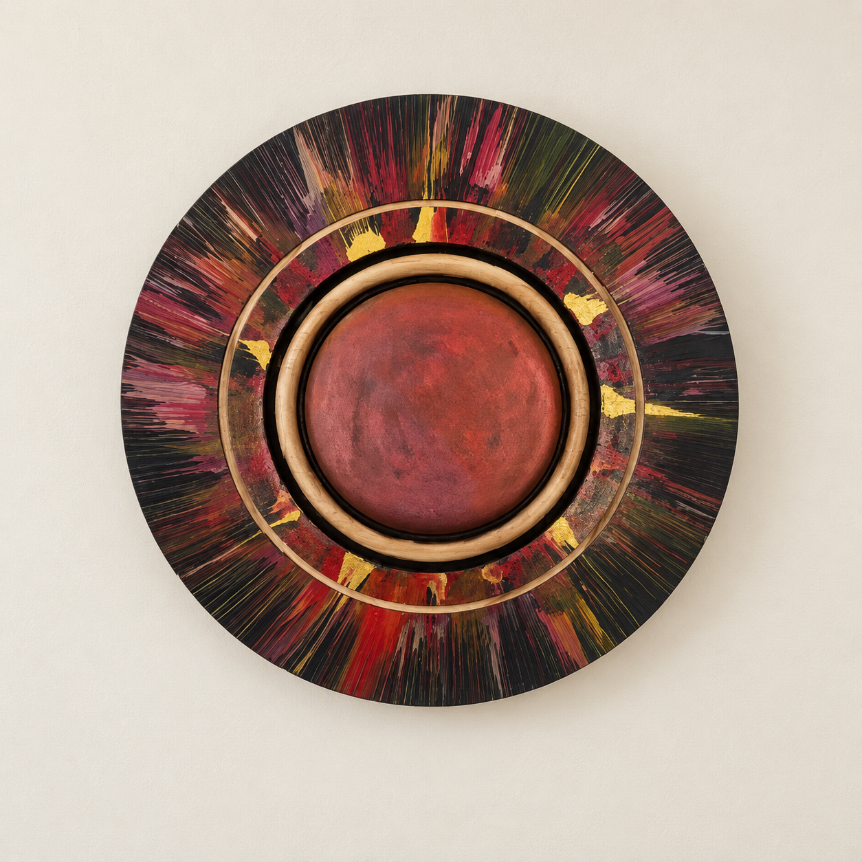 300 mm Radiata Pine centrifugal wall art with red and gold design, handmade in Tamworth NSW