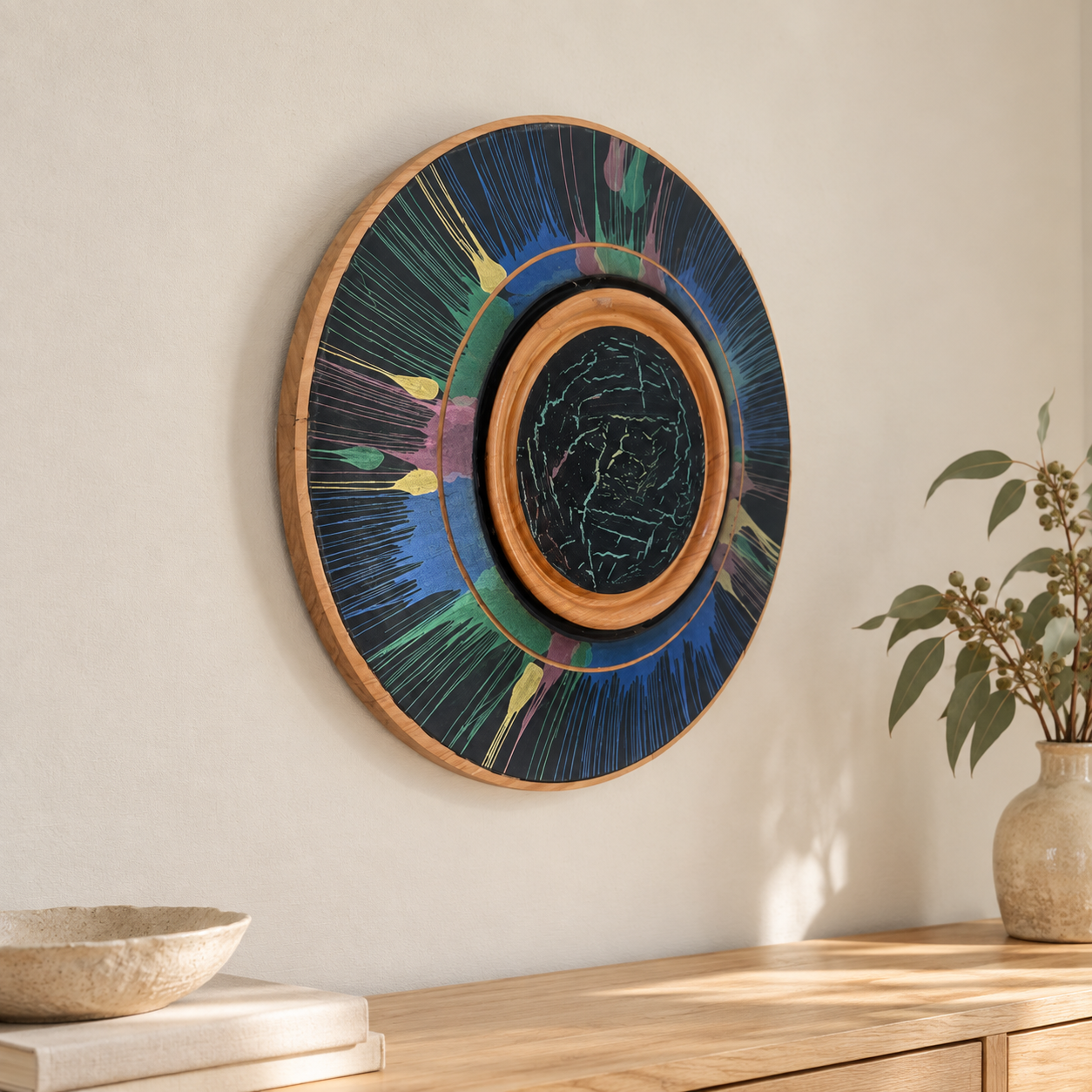 Handmade Silky Oak centrifugal wall artwork displayed in a warm neutral interior