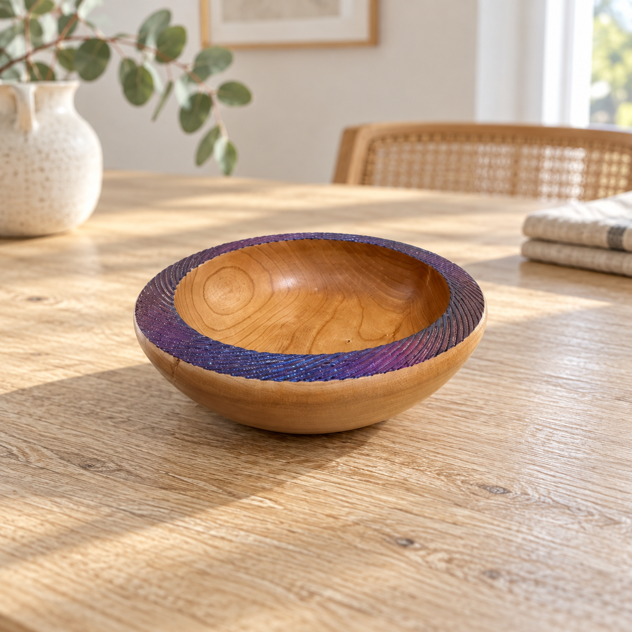 Cherry timber bowl with a purple-blue rim in a sunlit Australian country dining setting