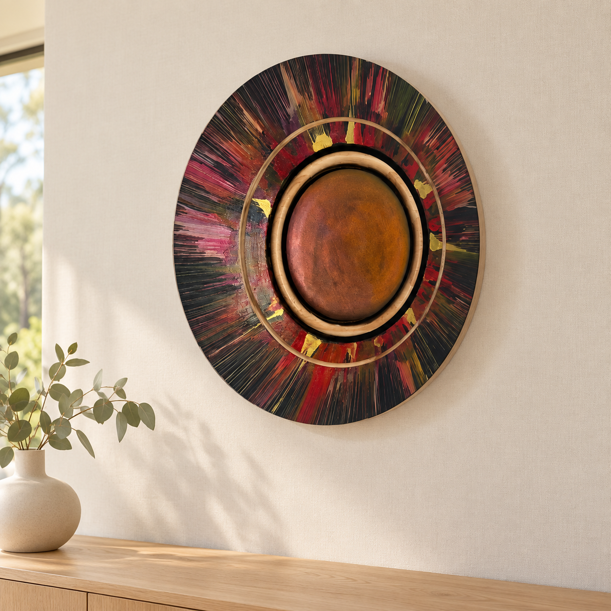 Radiata Pine red and gold centrifugal wall art displayed in an Australian country interior