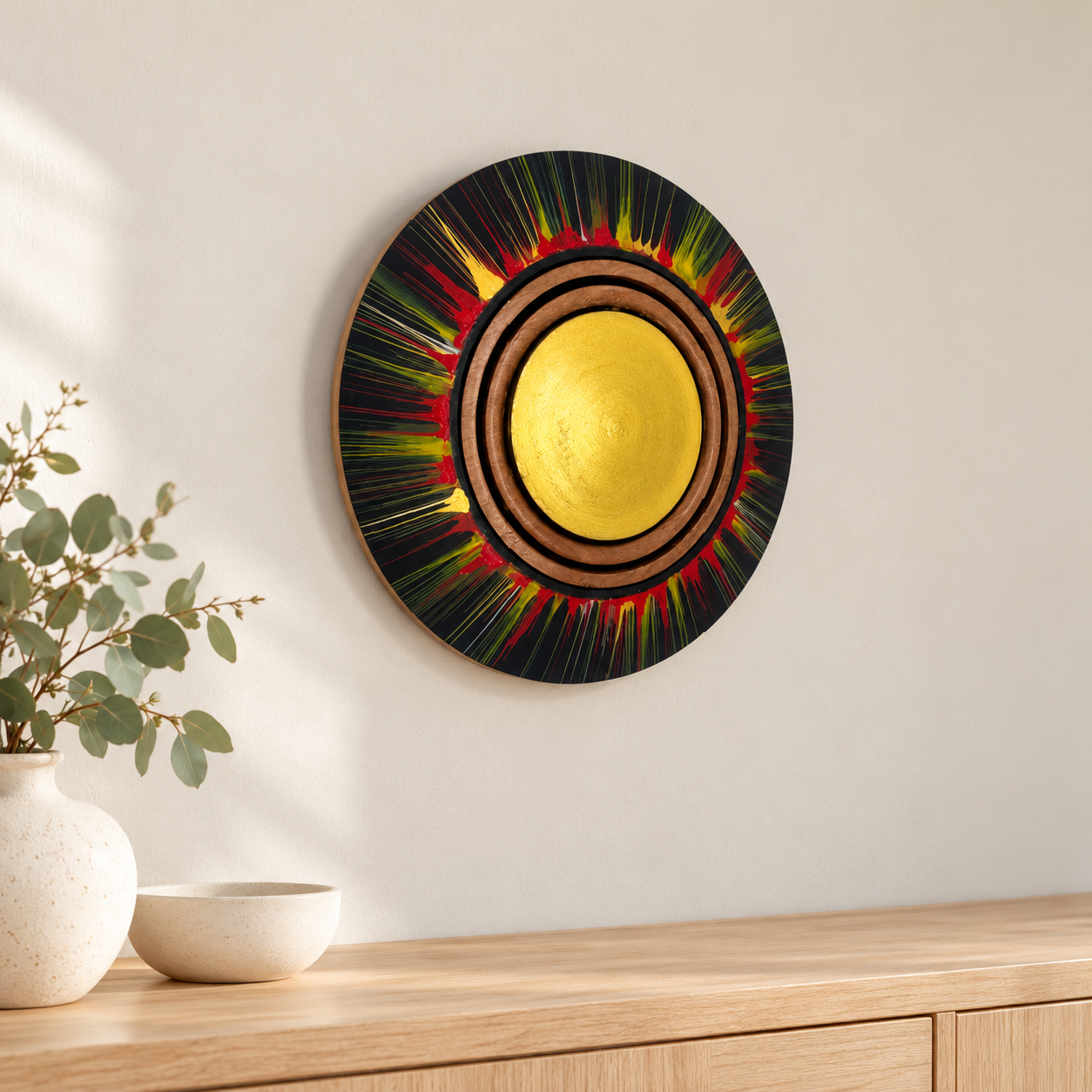 Gold-centre Silky Oak centrifugal wall art displayed in an Australian country interior
