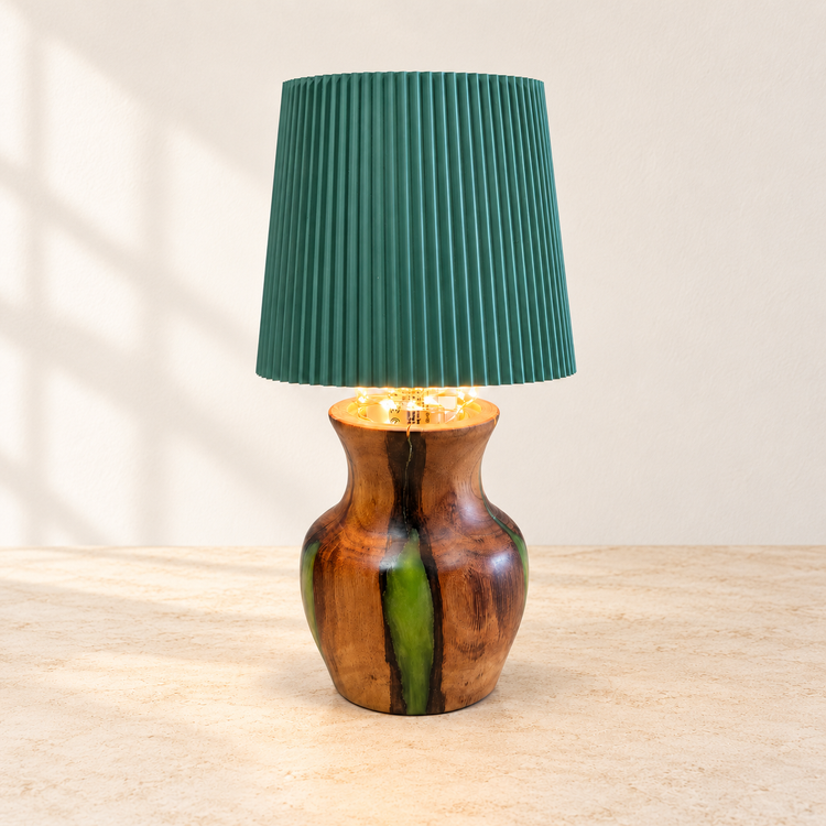 Australian hardwood and emerald resin rechargeable table lamp, shown in full