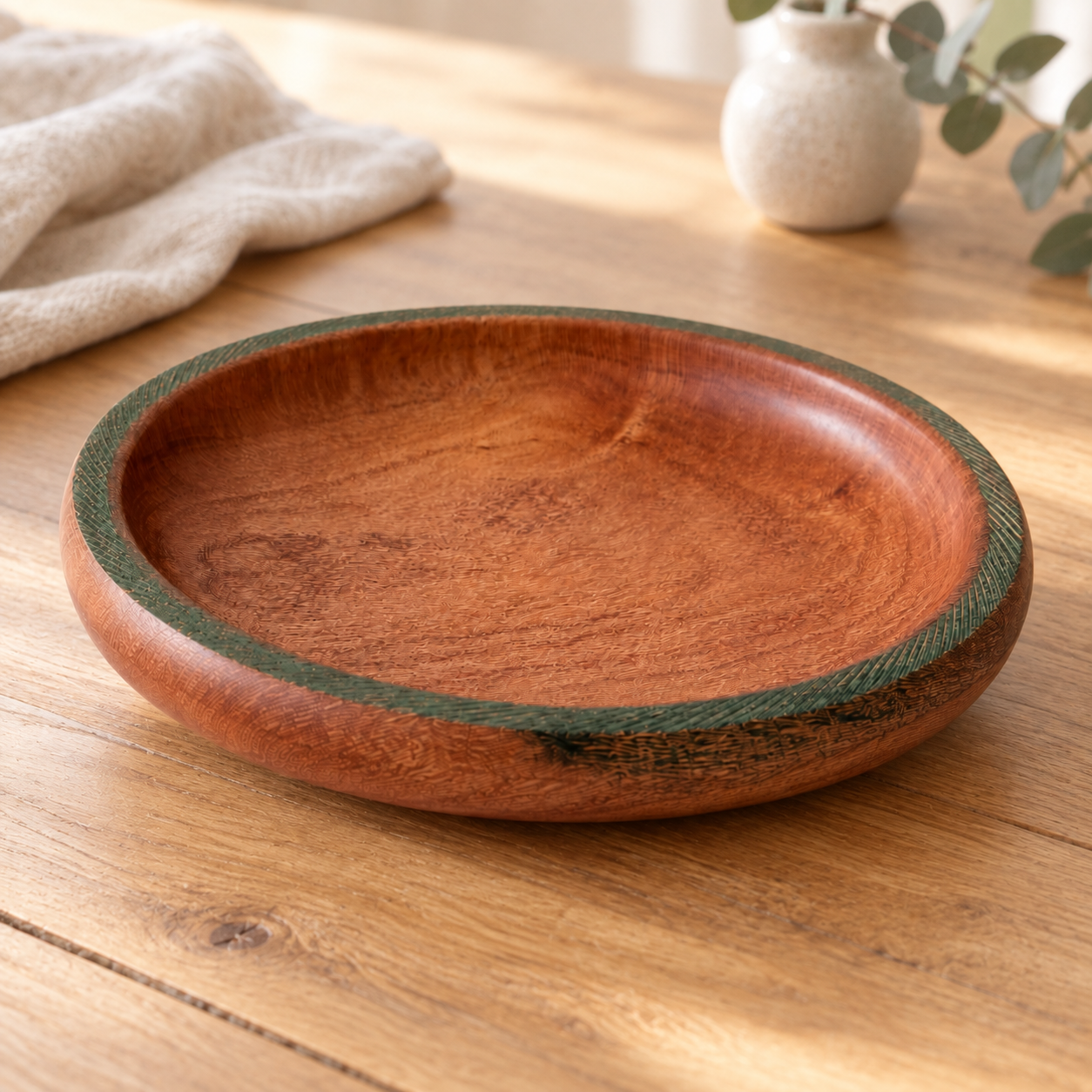 Olive Green Turned Bowl in Silky Oak displayed on a timber table with linen and foliage