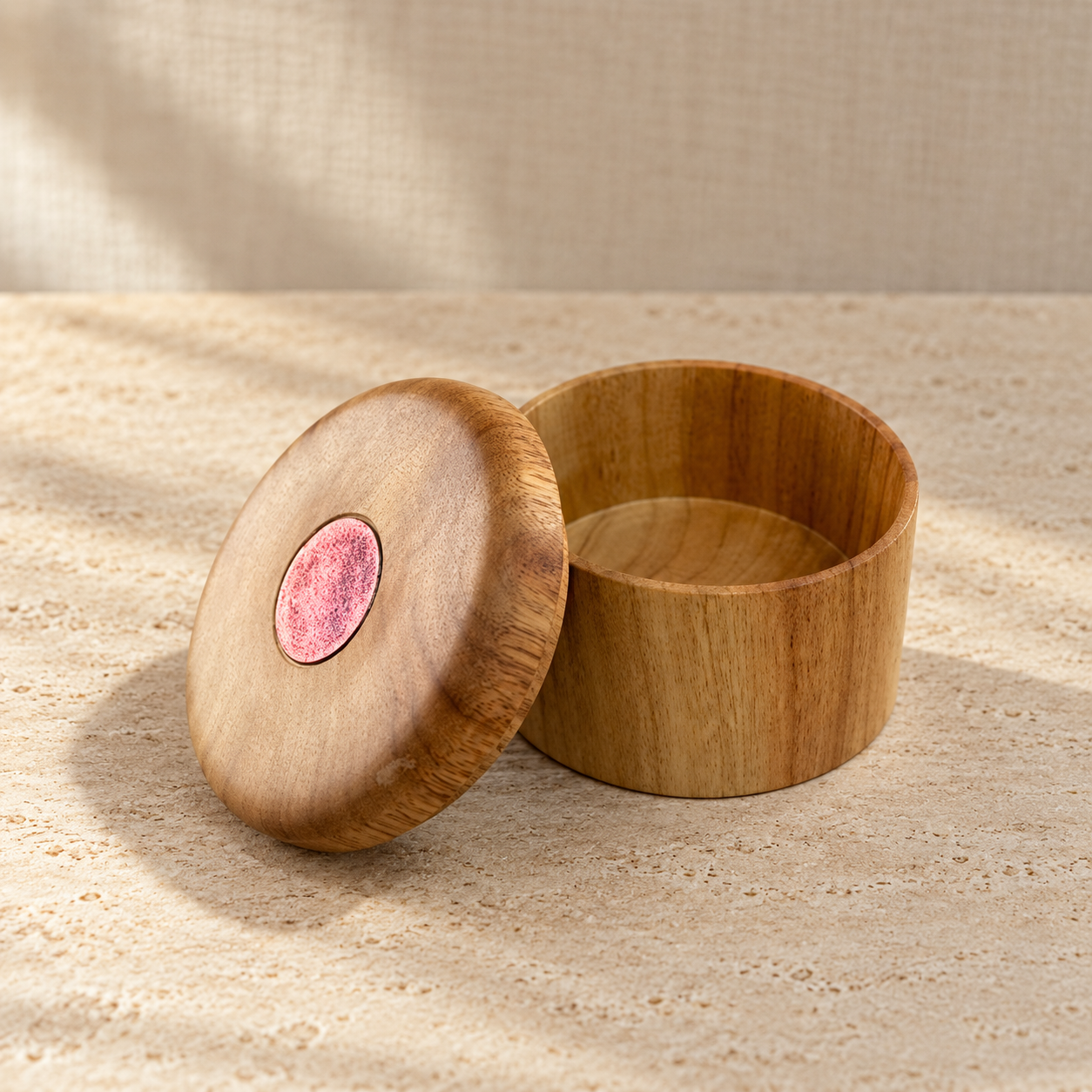 Angled open view of Camphor Laurel trinket box showing pink-red shimmer in the chameleon lid insert