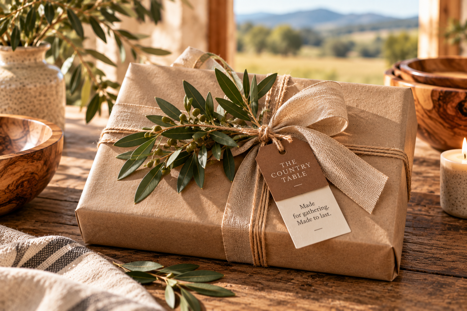 Country Table gift wrapped with linen ribbon and eucalyptus