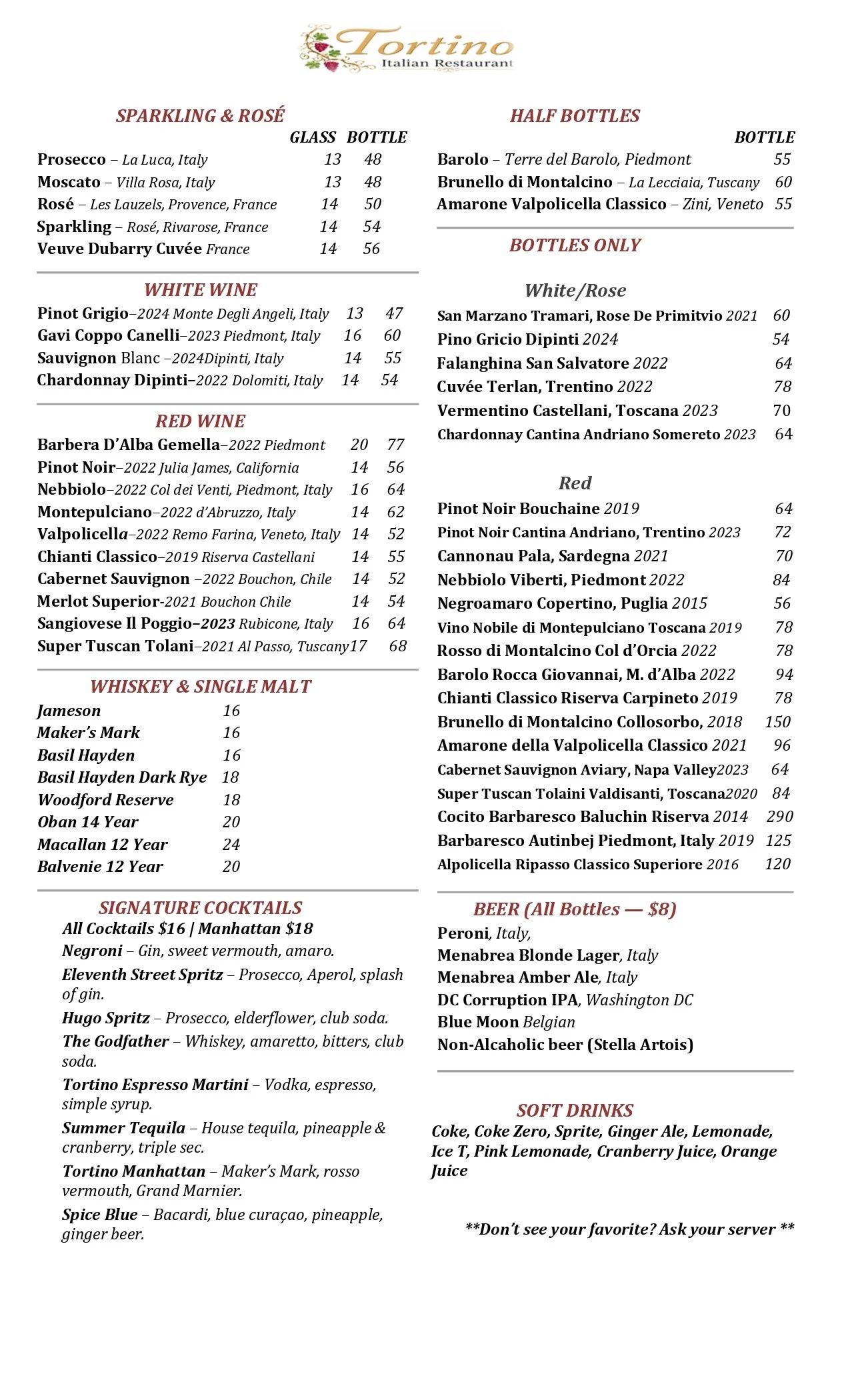 Menu from Tortino Italian Restaurant featuring sparkling wines, white and red wines, whiskey and single malt, signature cocktails, beers, and soft drinks.