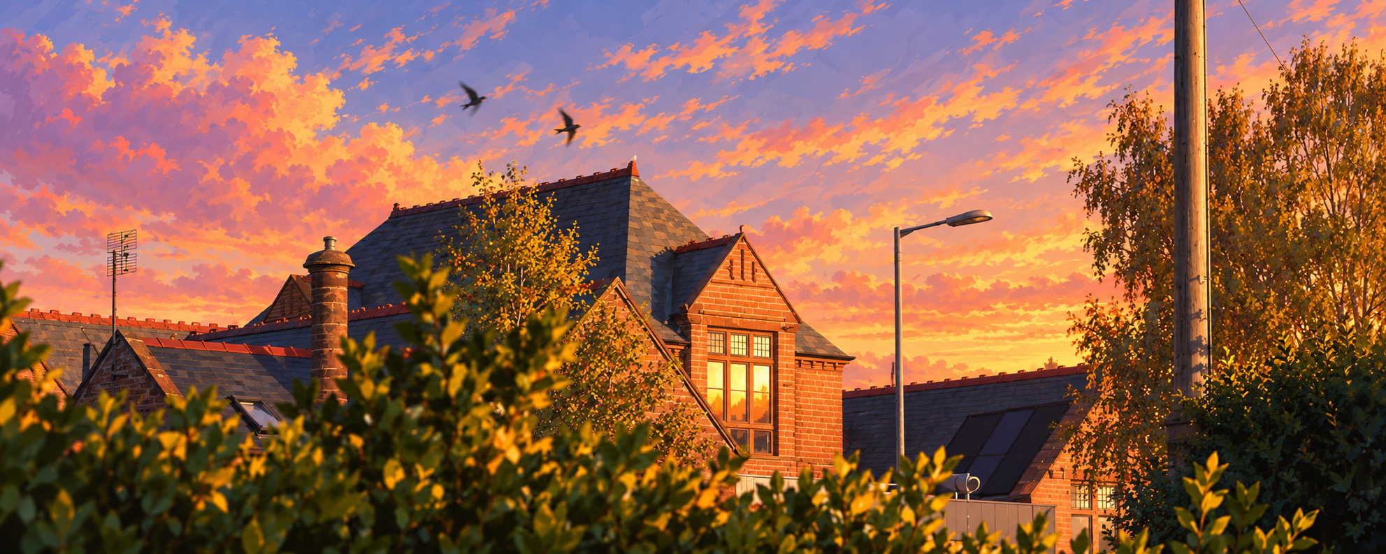 Sunset sky with orange and purple clouds over houses with brick walls, trees, and streetlights.