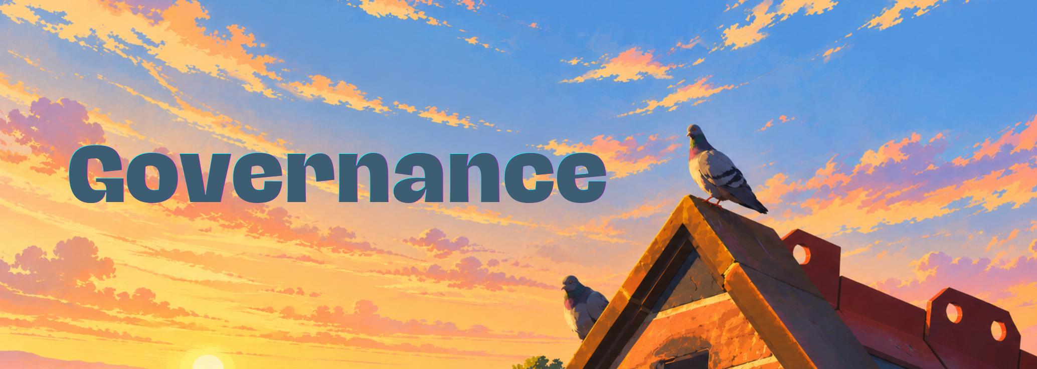 Sunset sky with clouds, rooftop with two pigeons, and the word 'Governance' in bold letters.