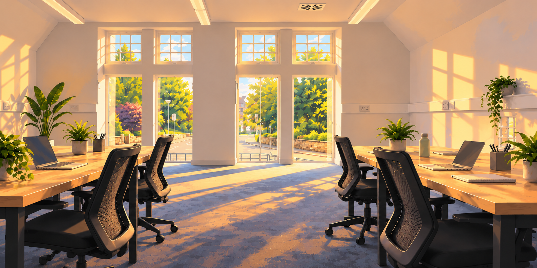 Bright office space with large windows letting in sunlight, plants on desks, and chairs around tables, overlooking a sunny outdoor area with trees.