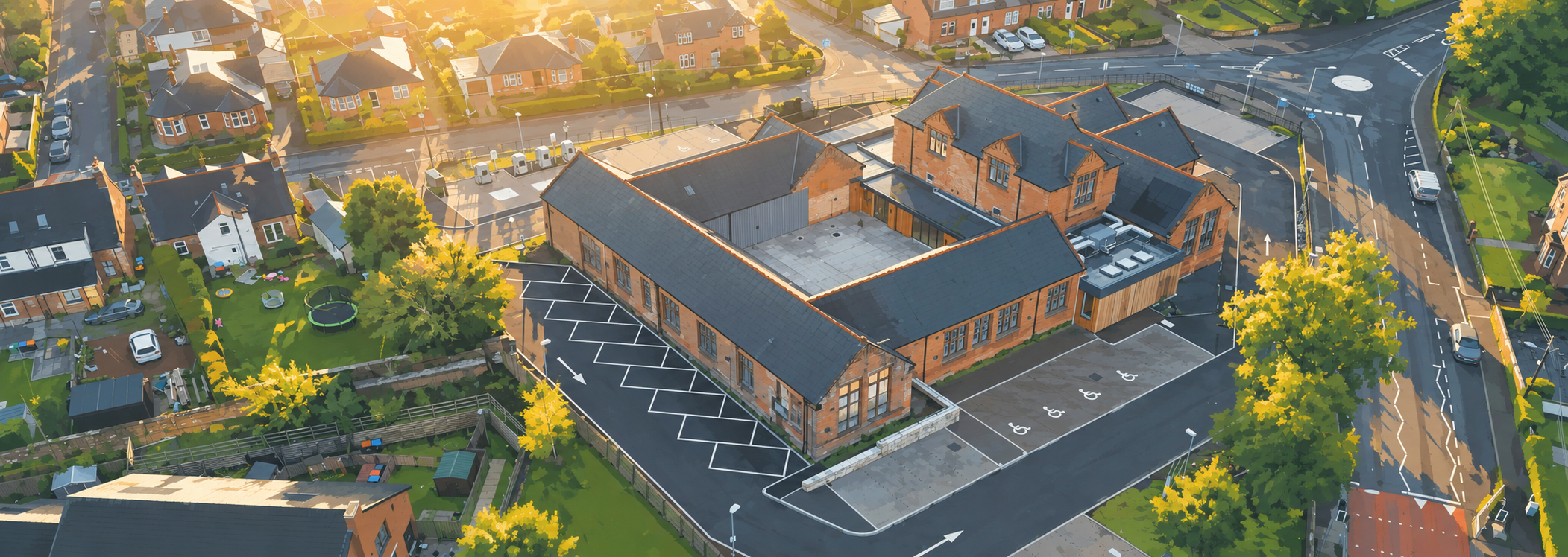 Aerial view of a school building with a surrounding parking lot, playground, and adjacent residential houses, taken during sunny weather with some trees and green spaces.