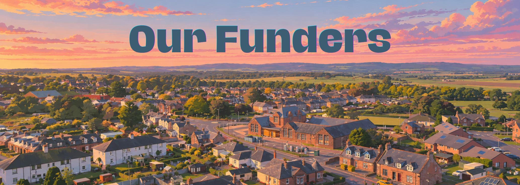Aerial view of a small town during sunset, with houses, trees, and a church, overlaid with the words 'Our Funder' in large text.
