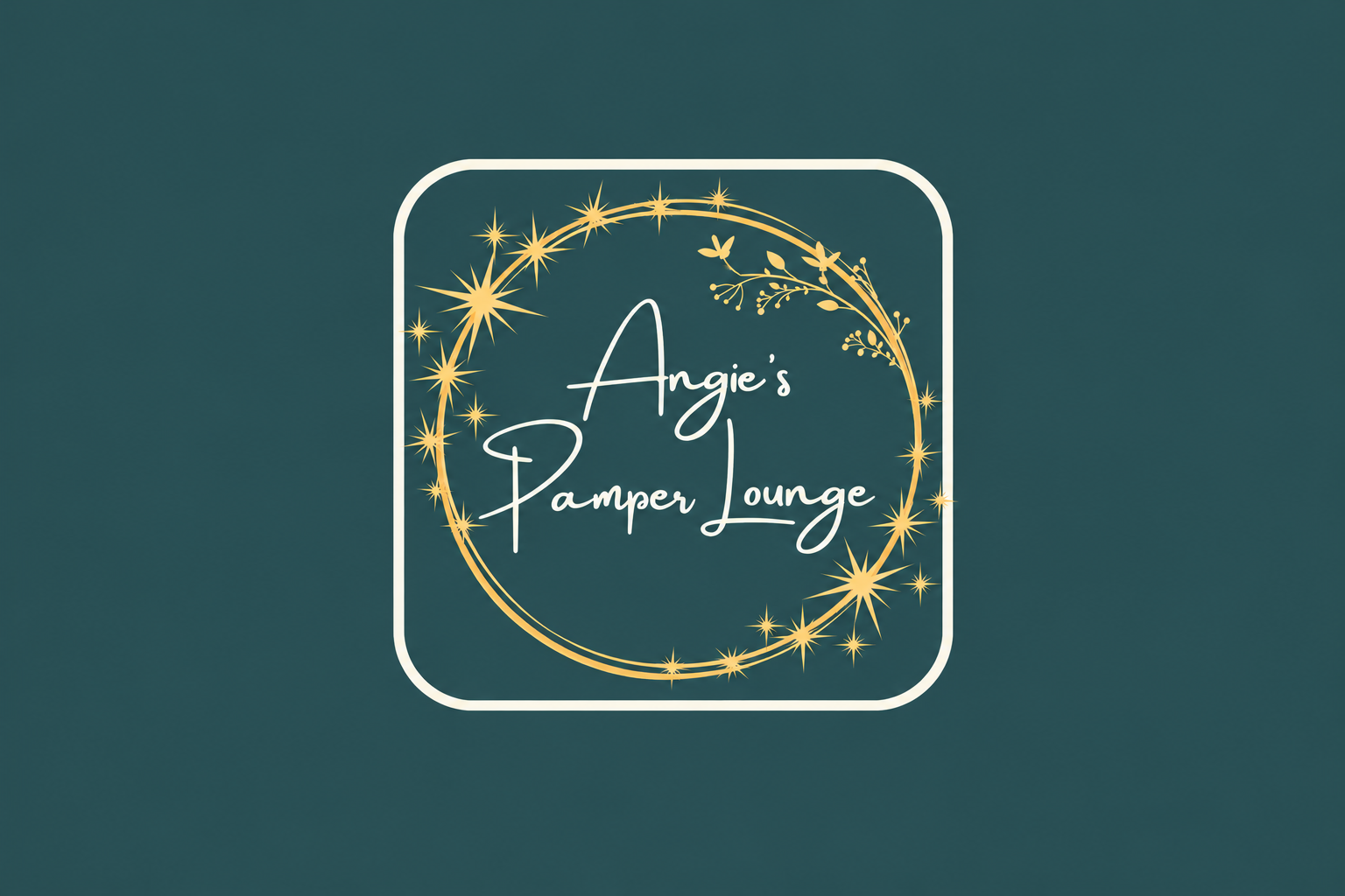 Neon sign for Angie's Pamper Lounge, featuring a circular golden glow with starburst accents and floral decorations on a dark teal background.