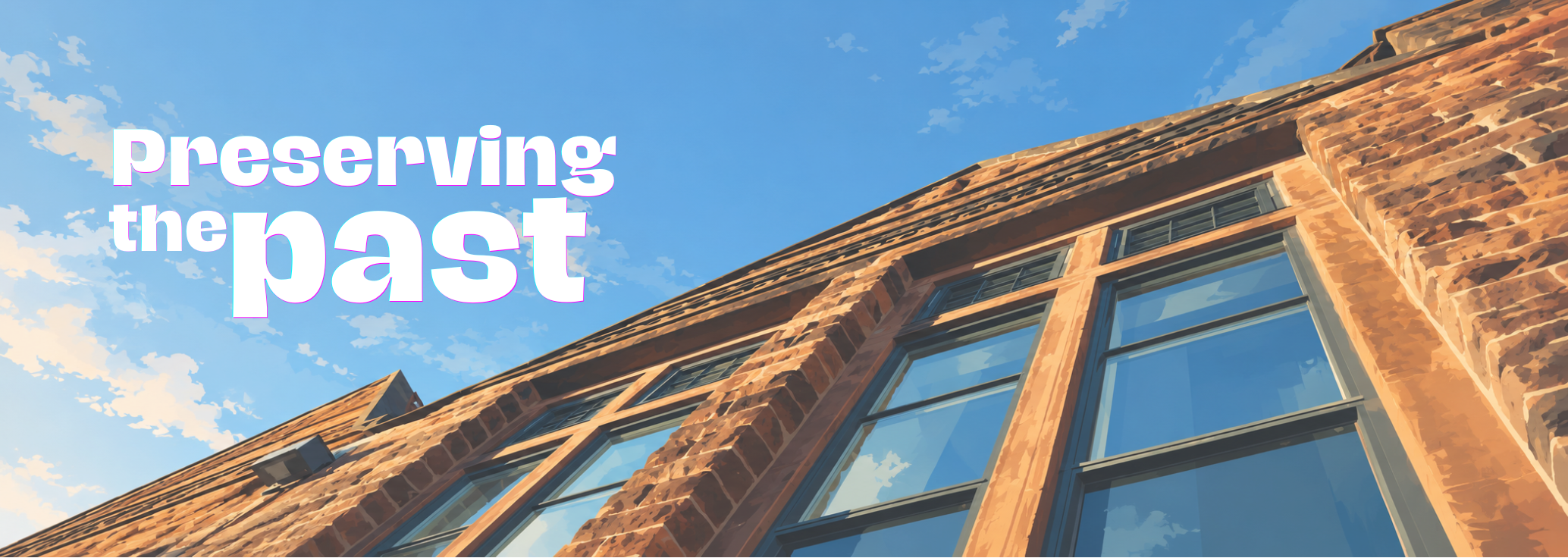 Close-up of a brick building with windows against a blue sky with clouds, overlaid with the text 'Preserving the past' in large pastel-colored letters.