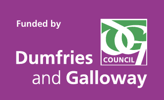 Dumfries and Galloway Council logo with "Funded by" text on a purple background