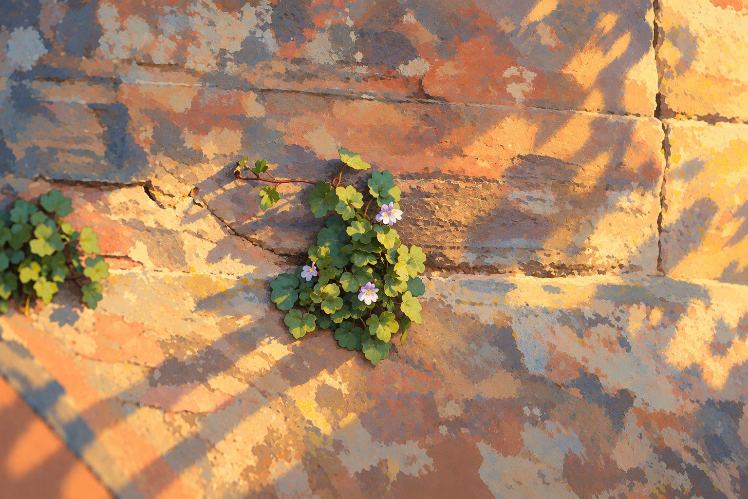 Small green plant with purple and white flowers growing between bricks of a sunlit brick wall.