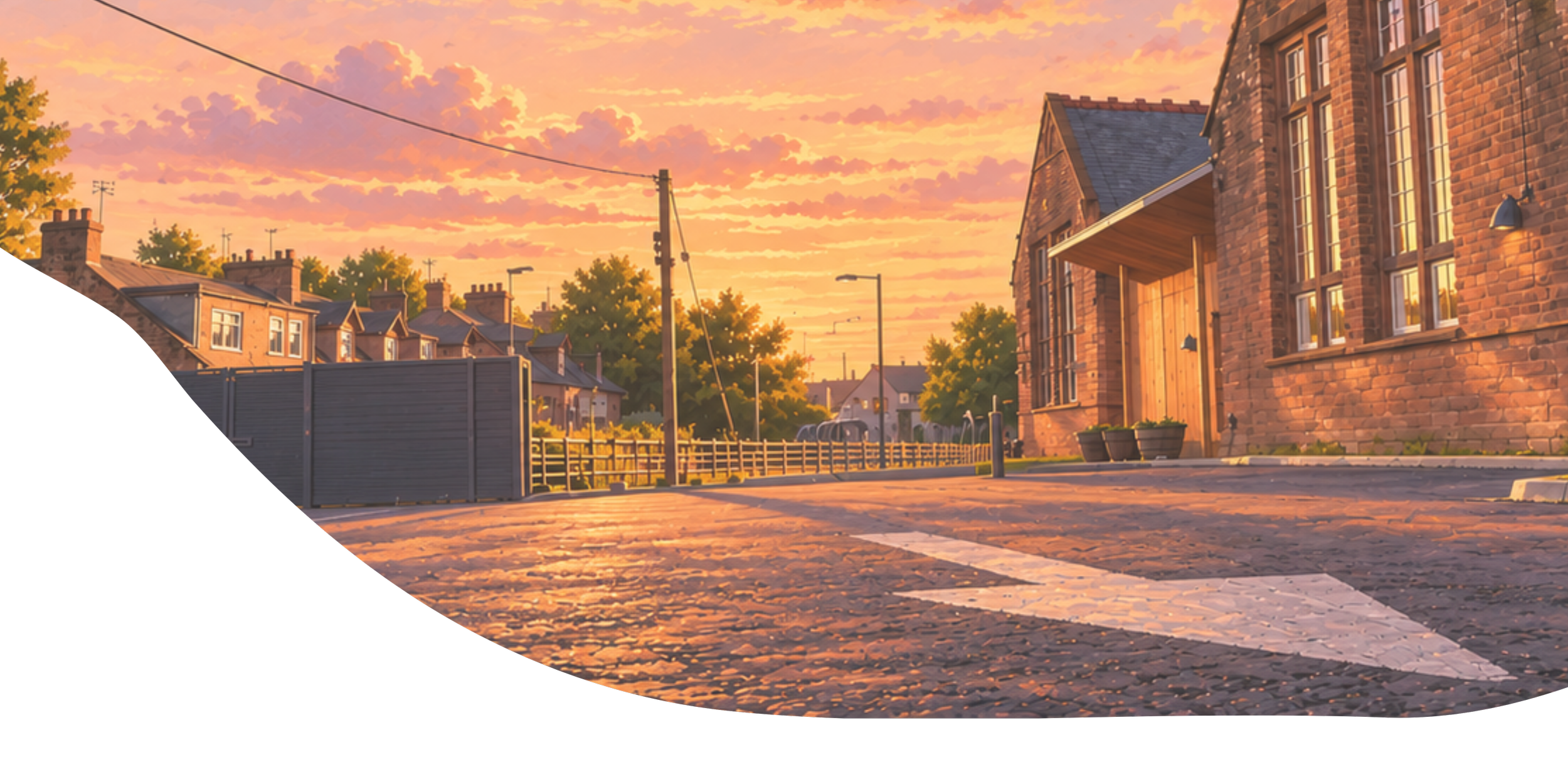 Sunset over a residential street with brick houses, trees, and streetlights.
