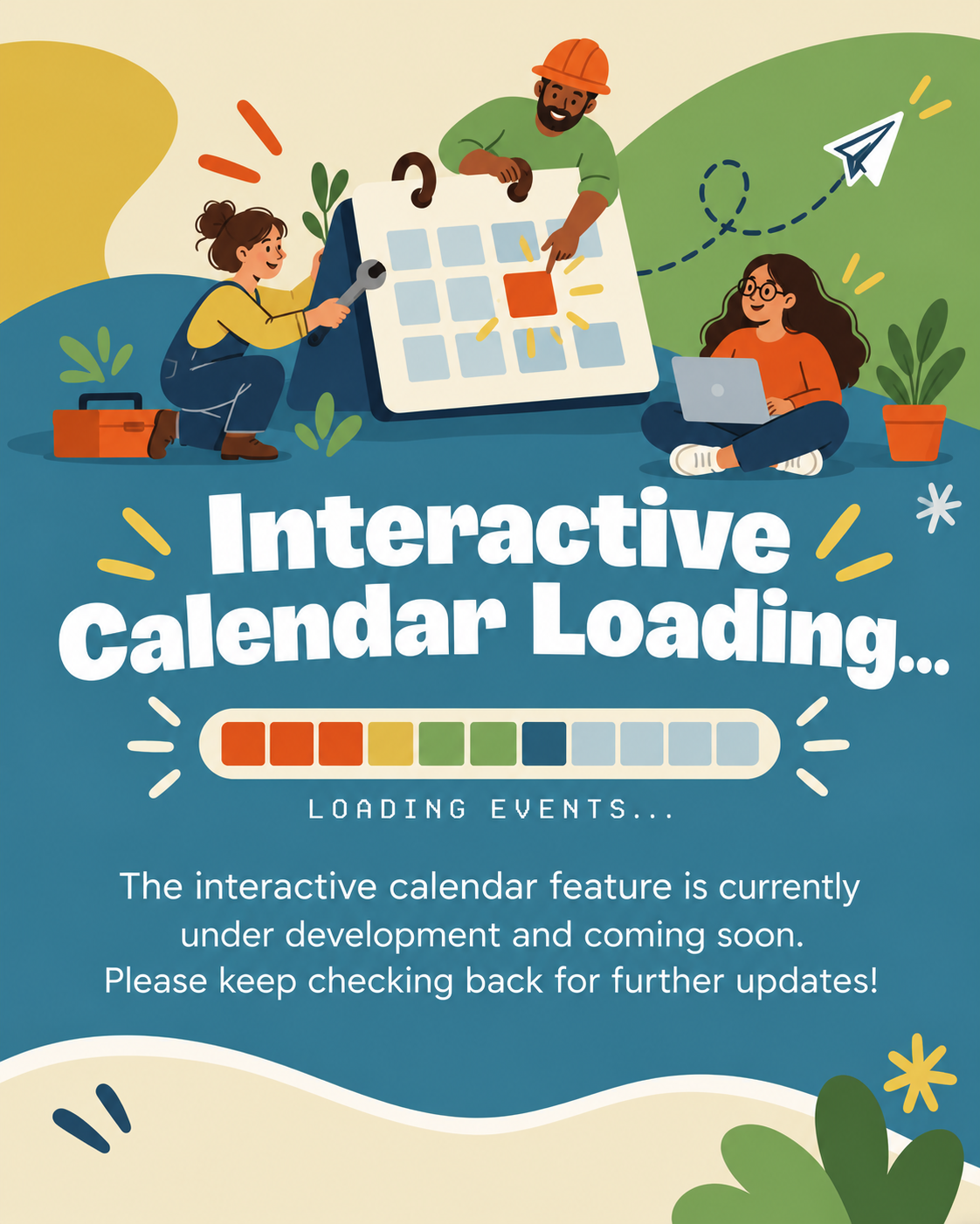 Illustration of a team planning an interactive calendar, with a highlighted calendar date, laptop, paper airplane, and loading progress bar