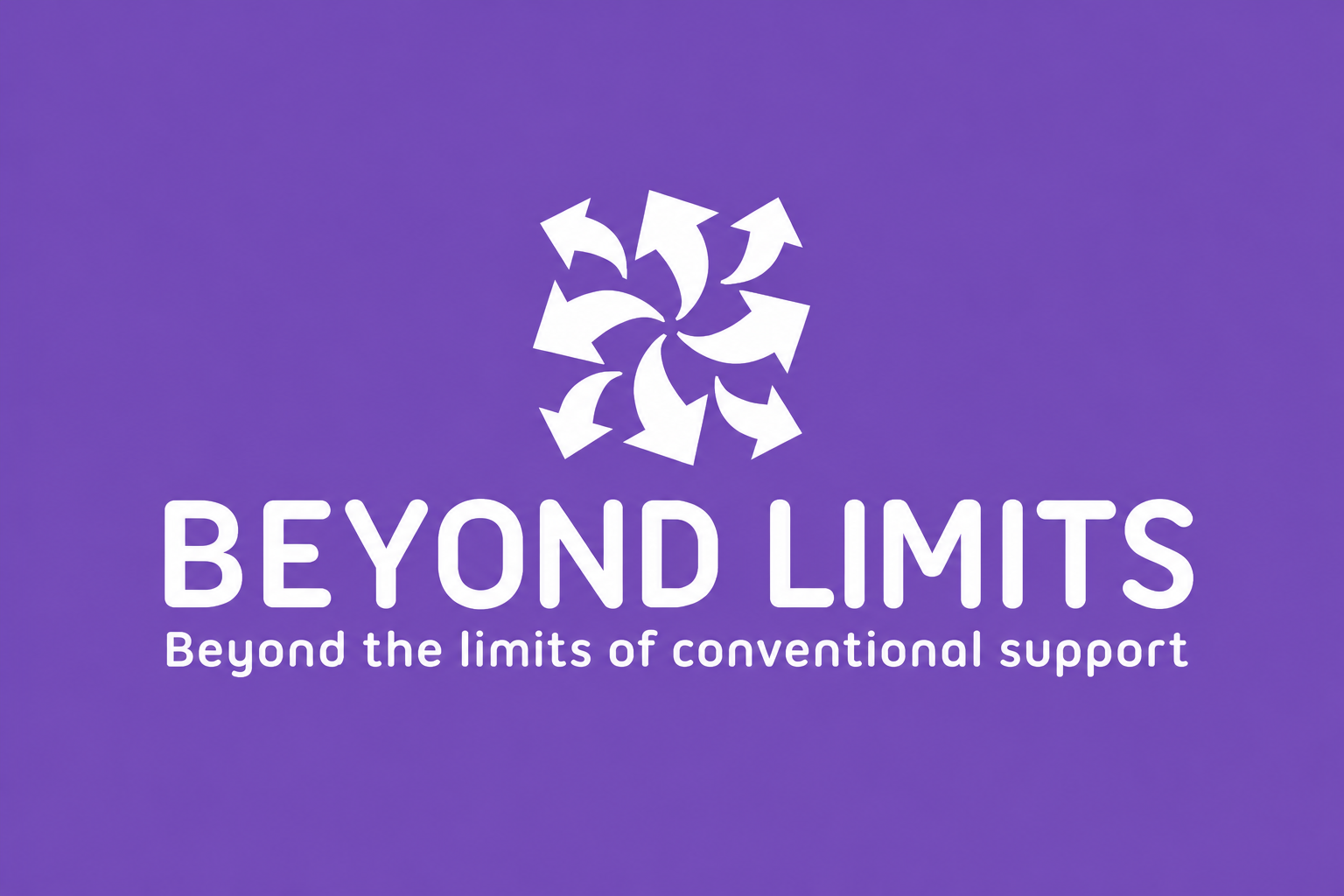 A logo for Beyond Limits with a purple gradient background, a white abstract swirl of arrows, and the text 'BEYOND LIMITS' with a subtitle 'Beyond the limits of conventional support'.