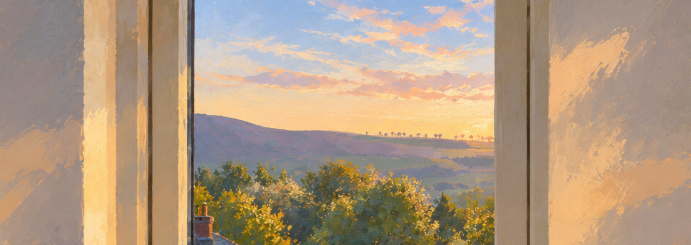 Sunset view through a window showing hills, trees, and a partly cloudy sky.