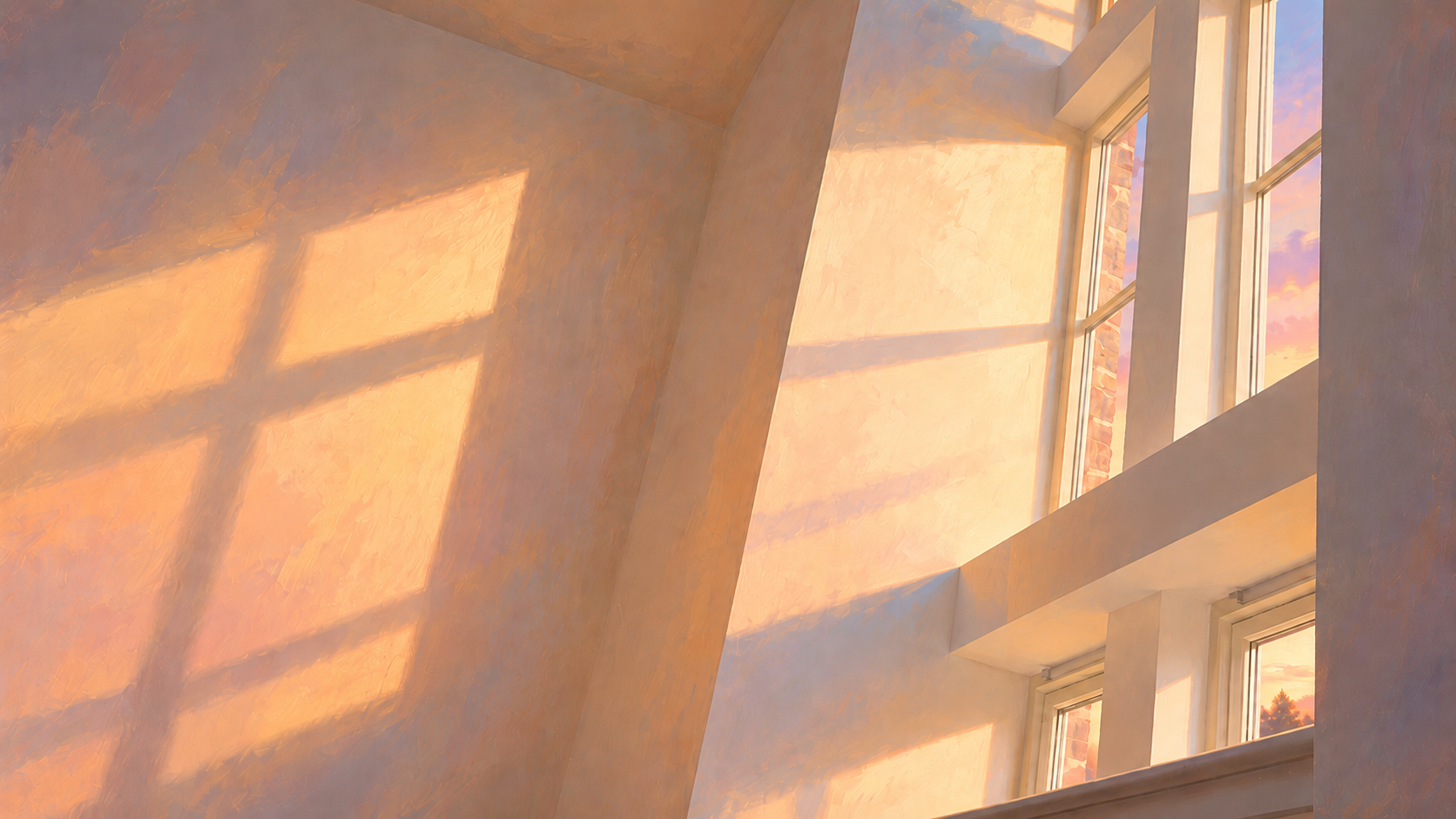 Sunlight casting shadows through windows onto a pastel-colored interior wall, capturing a warm sunset scene.