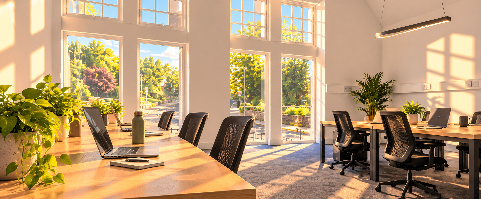 Empty modern office conference room with large windows, sunlight streaming in, green plants on tables, laptops, notebooks, and coffee mugs on the desks, and cityscape view outside.