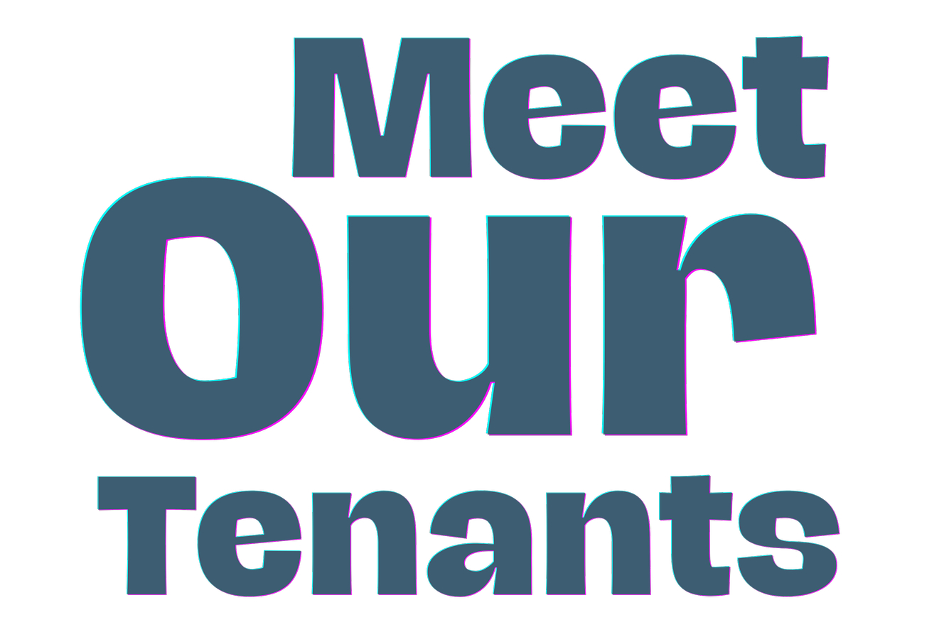 Colorful text that reads "Meet our tenants" on a black background.