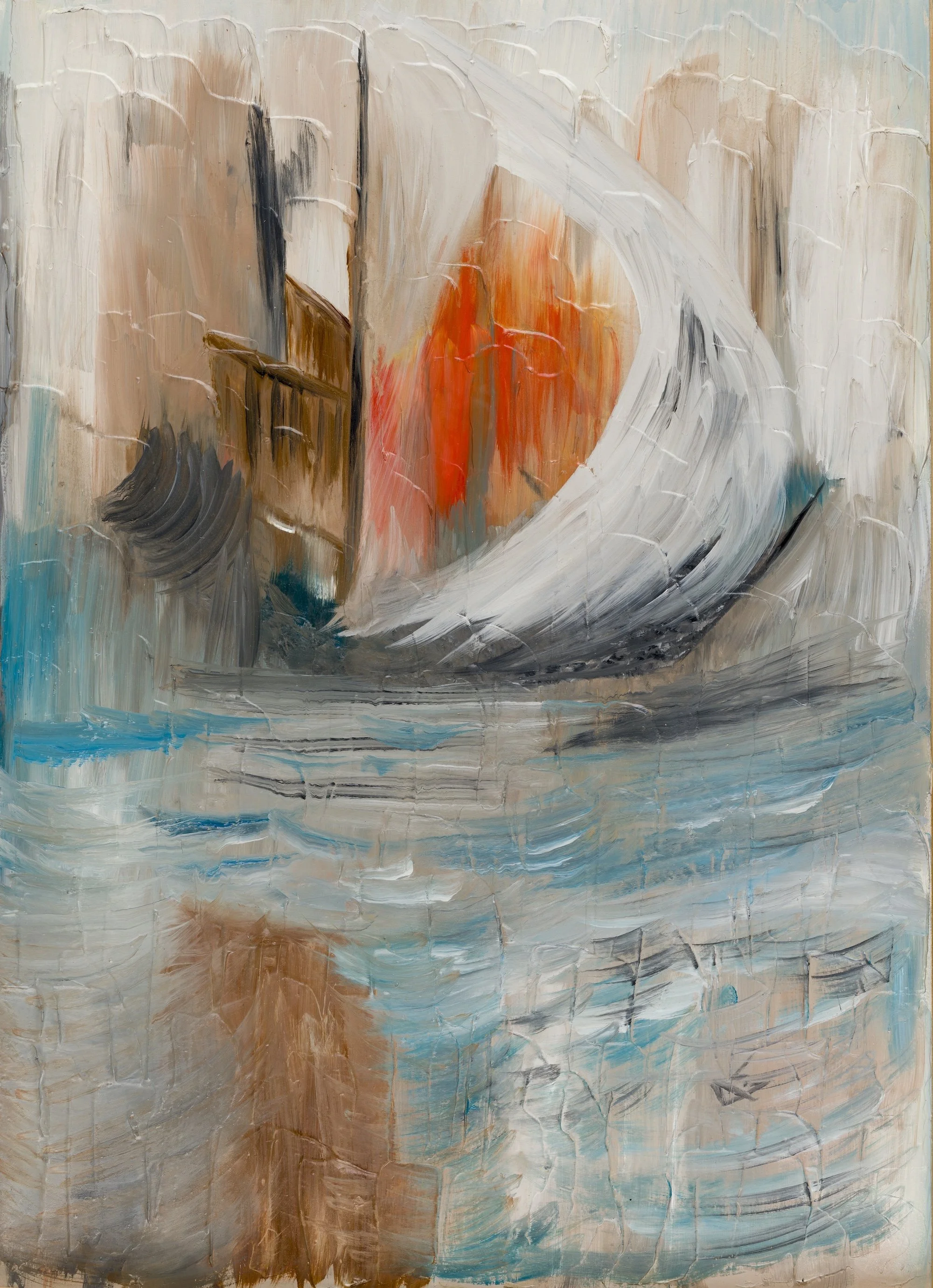 Abstract oil painting in warm orange, beige and brown tones by Sopiko Grigolashvili