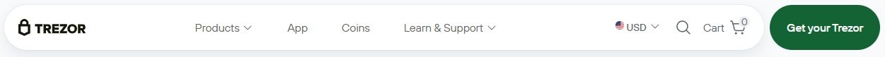 Screenshot of Trezor website header with navigation menu, language and currency options, search icon, cart icon, and green 'Get your Trezor' button.