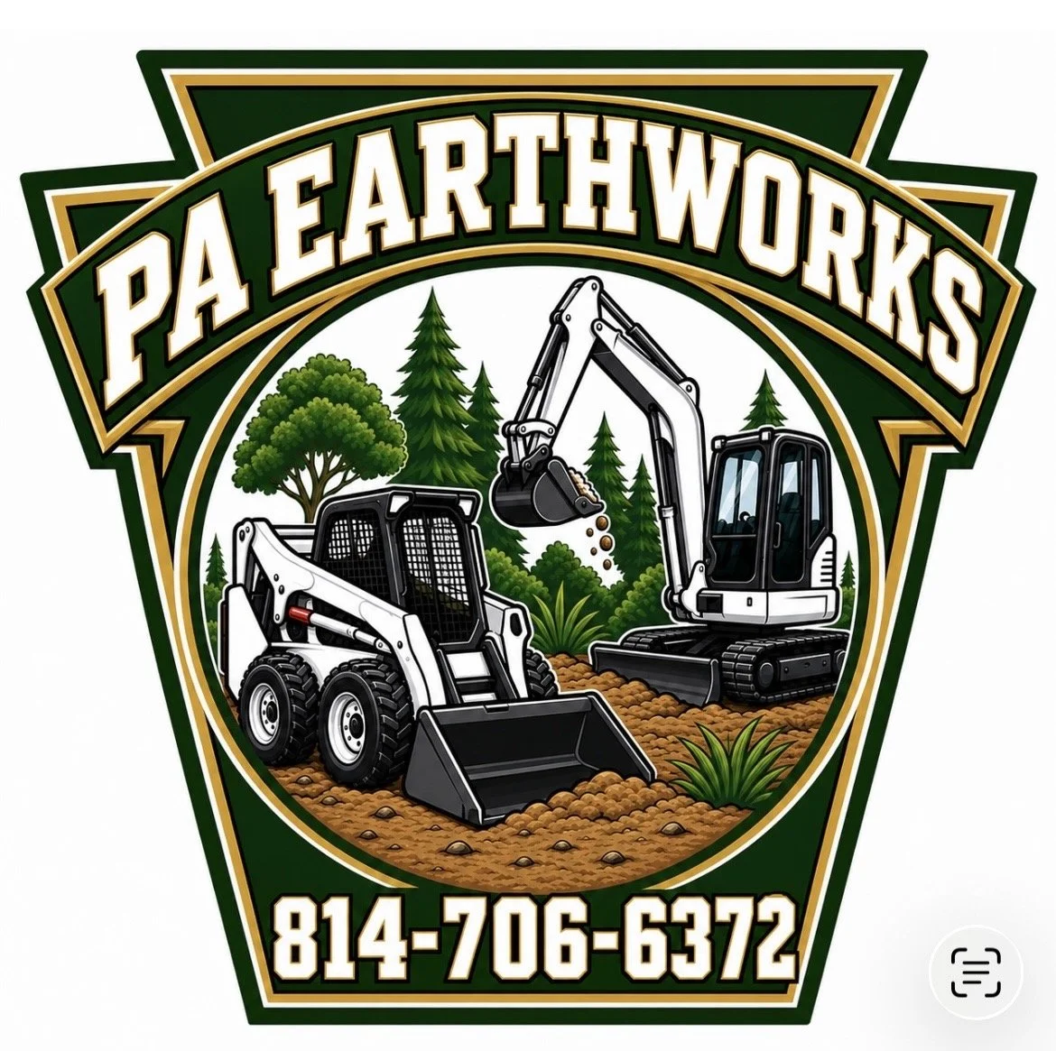 PA Earthworks logo with construction equipment and trees.