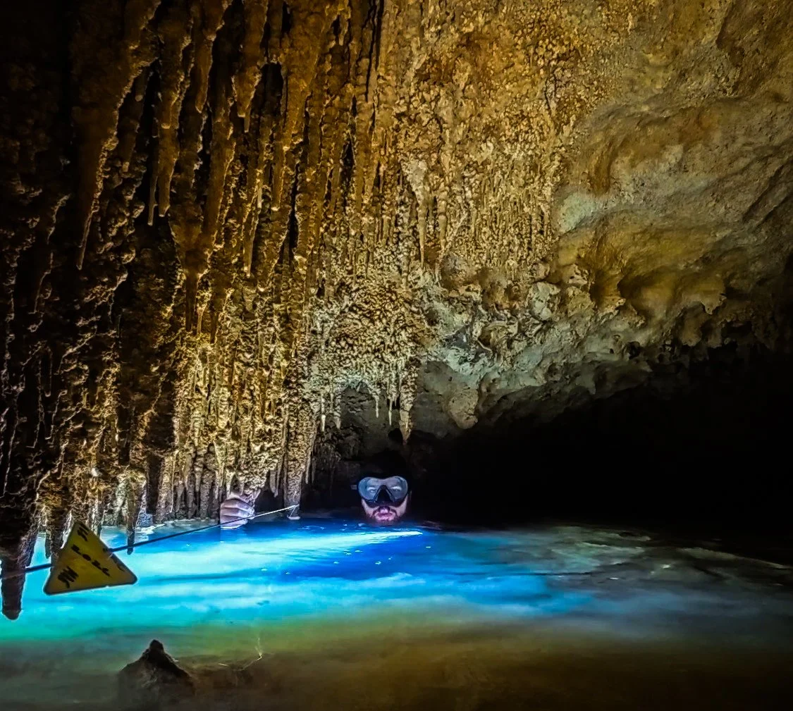 A person with scuba gear and a mask swims in a cave with rocky stalactites hanging from the ceiling, illuminated water, and a dark background.